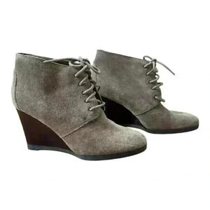 Franco Sarto Weston Taupe Brown Tan Suede Leather Lace Up Wedge Ankle Booties, 6